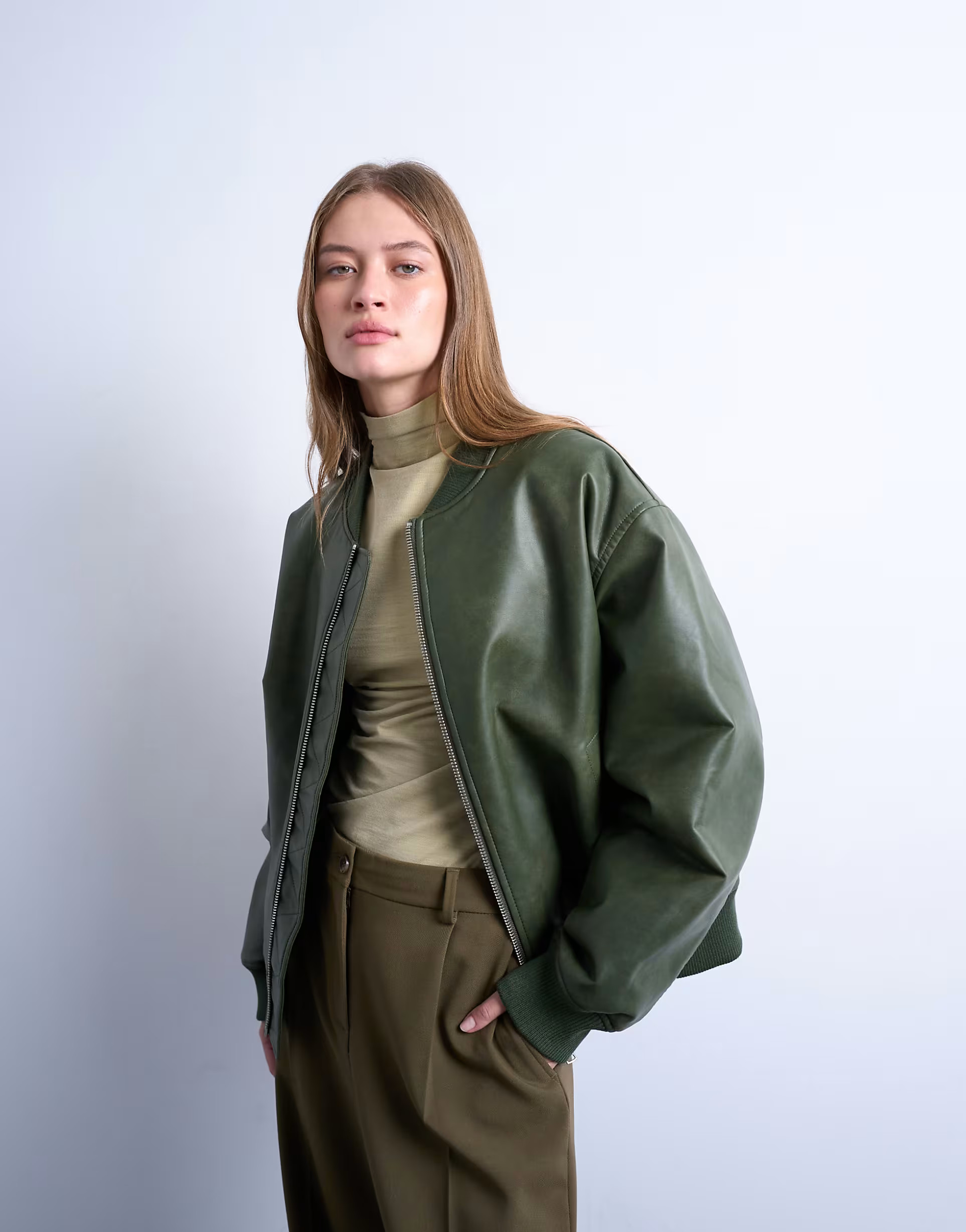 Topshop faux leather vintage wash oversized collarless bomber jacket in green | ASOS (Global)