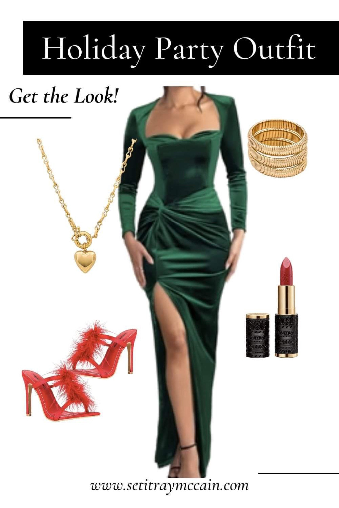 ❤️ Holiday party dress, velvet dress, green velvet dress, gold bracelet, red heels, red lipstick, holiday outfit, Christmas party, Christmas dress, party dress, anniversary outfit, anniversary dress, what to wear for holiday party 2023,  party outfit, luxury dress, designer dress, open toe heels, designer jewelry, designer shoes, designer bag, formal dress, formal party dress, club wear, date night, dinner party dress, heart necklace, feathers, long sleeve dress for women.

#LTKparties #LTKHoliday #LTKstyletip