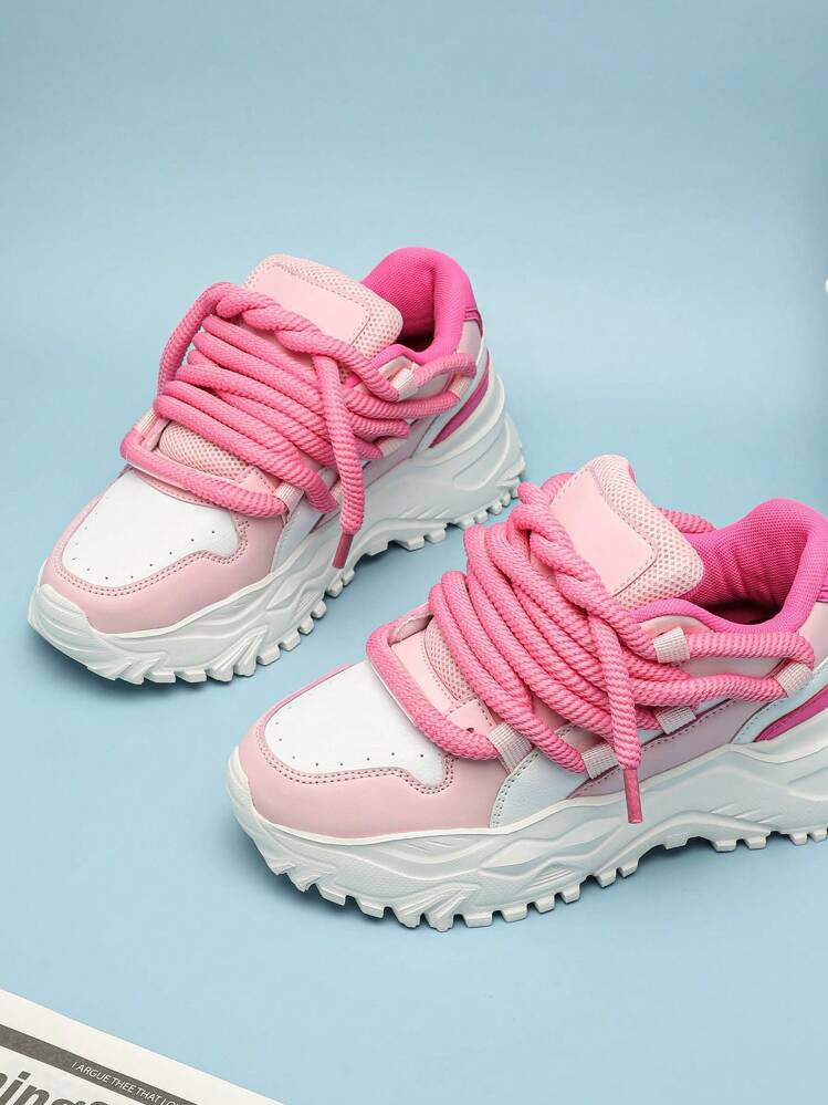 White And Pink Base Color Platform Lace-Up Chunky Sneakers, High Street Casual Chunky Sneakers, Black, Thick Sole | SHEIN