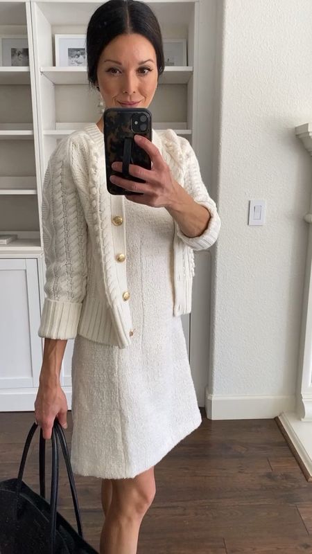 The prettiest cable knit cardigan I’ve found in a long time. I’m wearing an Xs. It also looks super cute paired with jeans or a pleated midi skirt.

Ivory boucle dress in a small. 

Chanel cap toe ballet flats. 

Fall office outfit 
Cable knit lady jacket 
Lady jacket 
Capsule wardrobe 

#LTKstyletip #LTKSeasonal #LTKworkwear