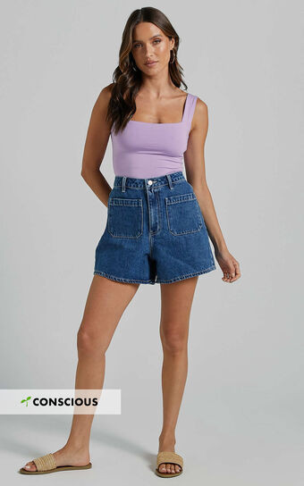 Yeena Shorts - Denim High Waisted in Mid Blue Wash | Showpo (ANZ)