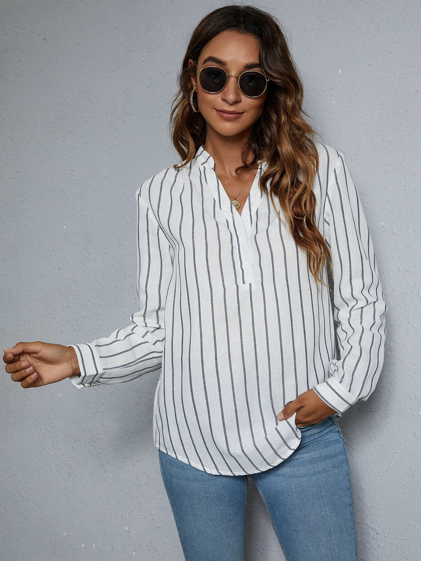 Striped Notched Neck Curved Hem Blouse | SHEIN