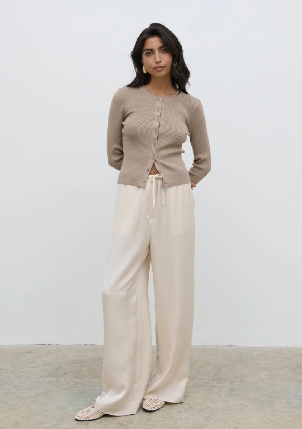 Lacey Button Down Top - Taupe | Pretty Lavish (UK)