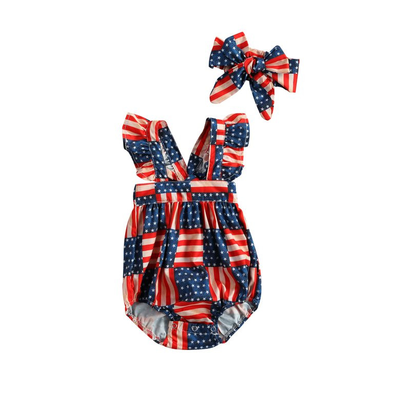 Hirigin Baby Girls 4th of July Outfit American Flag Romper with Headband 2Pcs Bodysuit | Walmart (US)