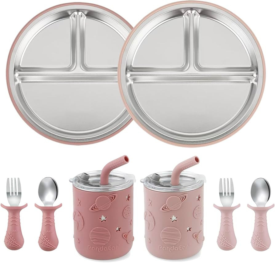 PandaEar Stainless Steel Baby Feeding Set | 2 Divided Suction Plates, 2 Spill-Proof Straw Cups wi... | Amazon (US)