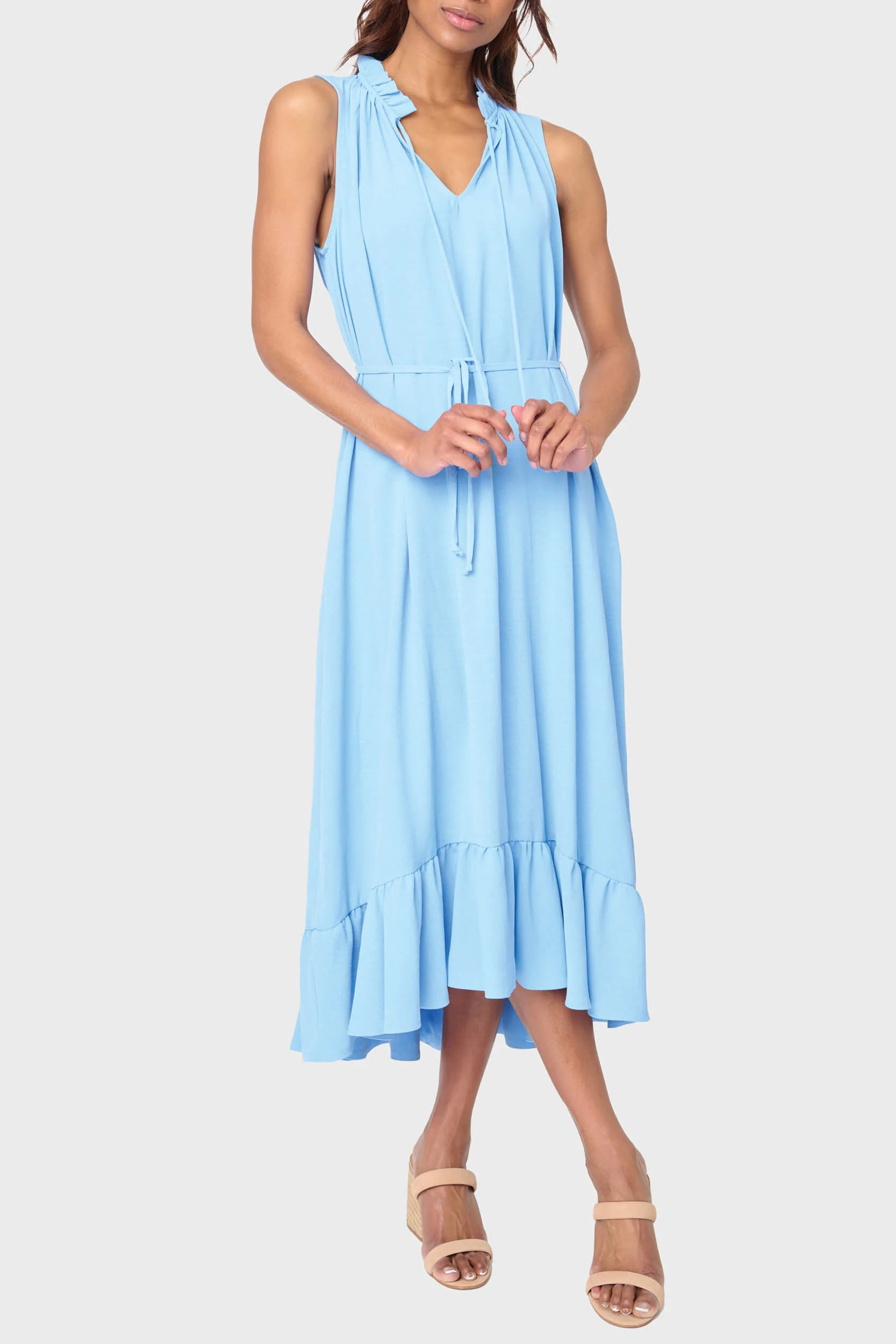 Sienna Tie Neck Midi Dress | Sleeveless Ruffle Hi-Low Dress | Gibsonlook