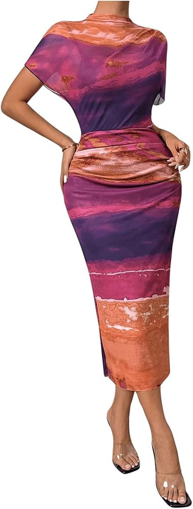 Milumia Women's Tie Dye Short Sleeve Mock Neck Mesh Bodycon Midi Dress | Amazon (US)