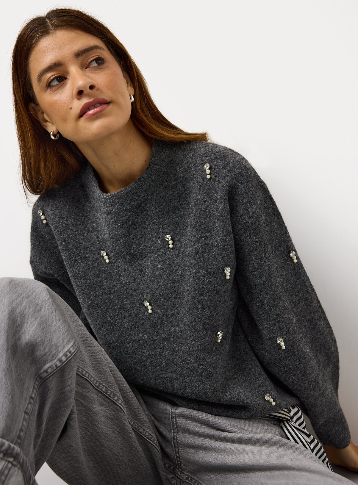 Grey Pearl Diamante Embellished Crew Jumper | Tu Clothing