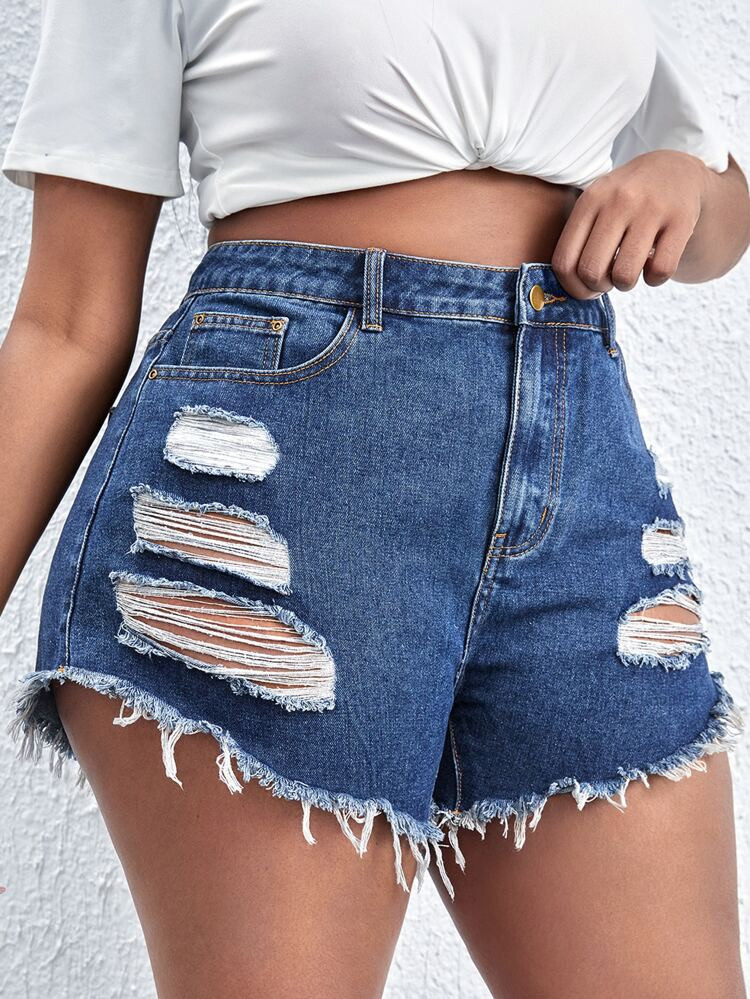 Plus Ripped Raw Cut Denim Shorts | SHEIN