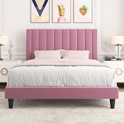 Allewie Queen Bed Frame/Velvet Upholstered Bed Frame with Vertical Channel Tufted Headboard/Stron... | Amazon (US)