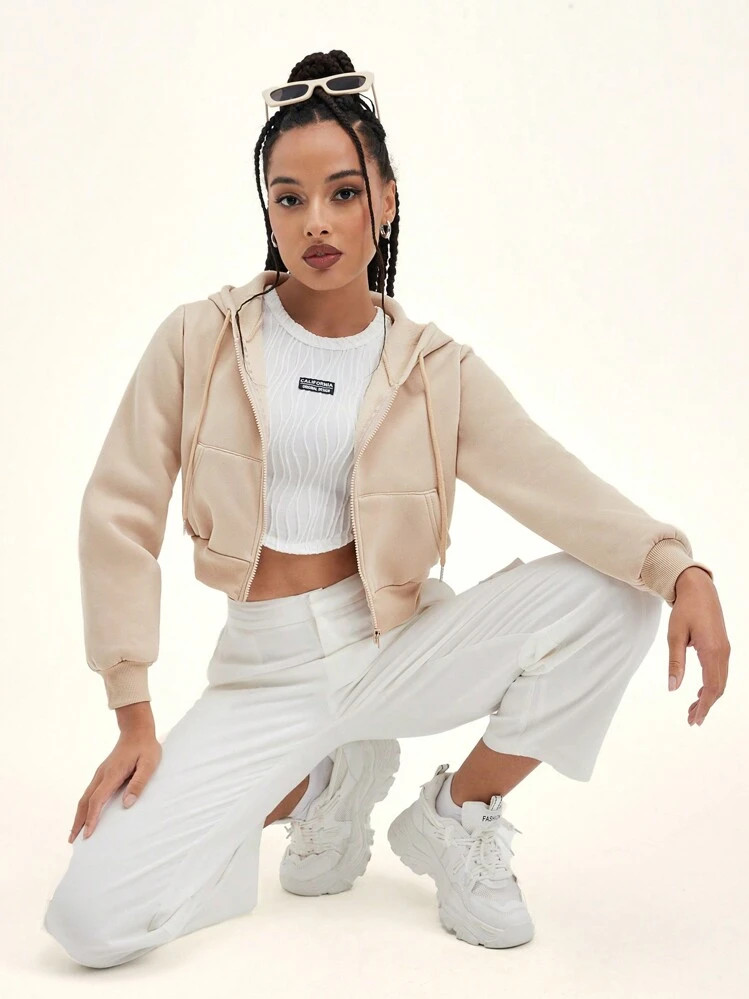 SHEIN EZwear Solid Drawstring Zip Up Crop Thermal Hoodie Graduation,Back To School Outfits,Graduation,Teacher Outfits For Women,Back To School Pullover Fall Outfit | SHEIN