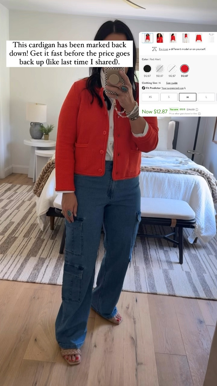 My red cardigan has been marked down to $12.97! I have it in both medium and large. Wearing a medium here for a more tailored look and the large has a loose fit. White button up size medium, jeans size 8 (I’m a 10 but had to size down in these)  

#LTKOver40 #LTKWorkwear #LTKMidsize
