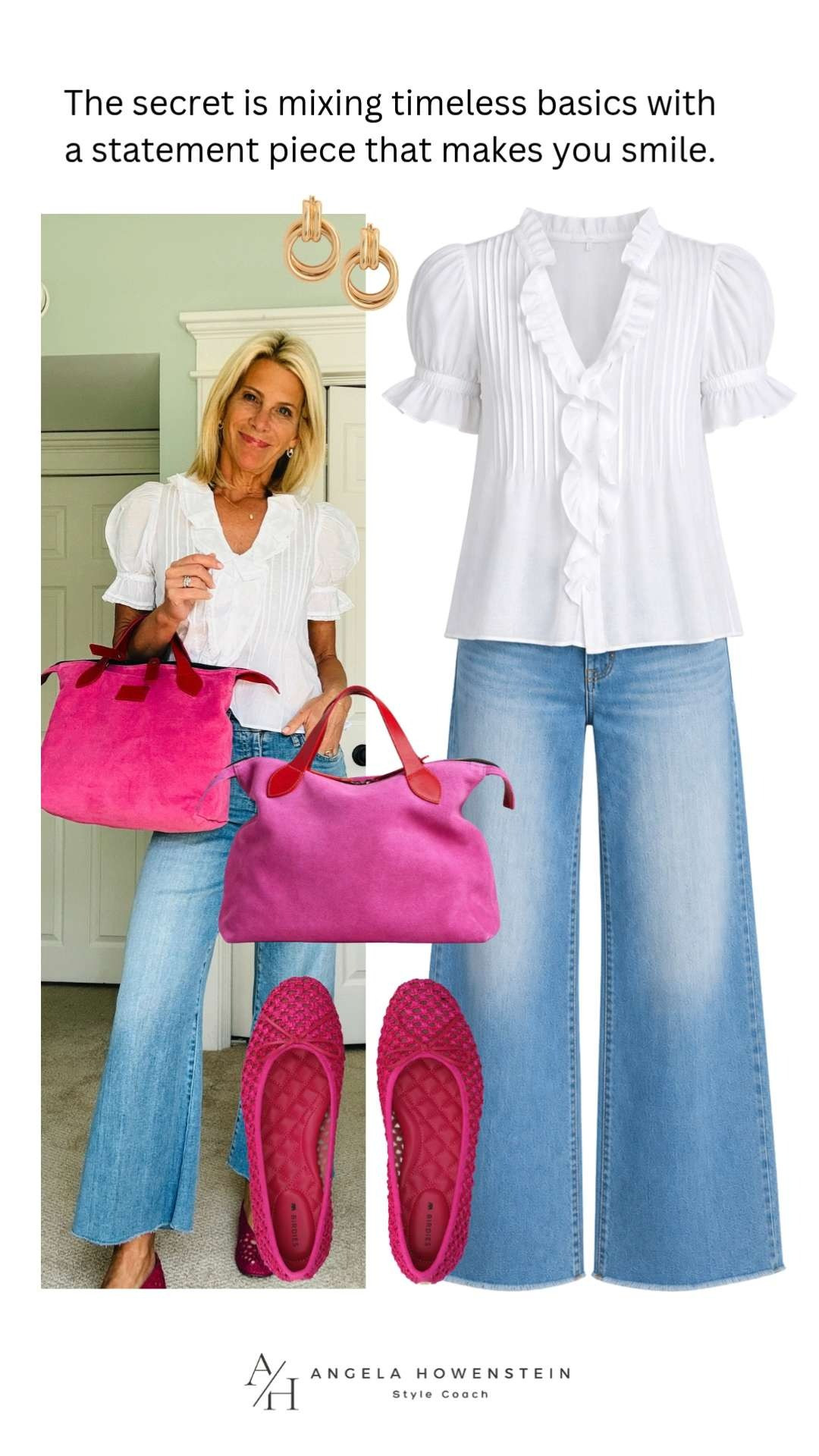 This look is the perfect example of how a few thoughtfully chosen pieces can completely transform an outfit. The romantic white blouse and wide-leg denim create a classic foundation, while the bright pink bag and matching flats add personality and fun. 

 #LTKootd #LTKSeasonal #LTKOver40