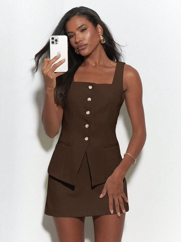 MISSGUIDED Elegant Professional Button Front Vest Style Dress 2 Pcs Outfit Modern Business Attire... | SHEIN