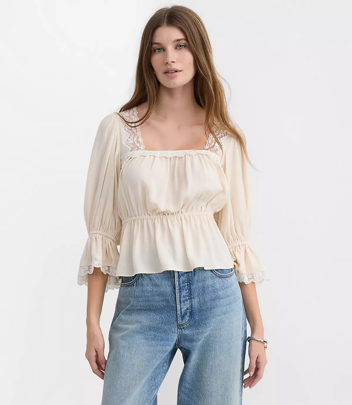 Floral Lace Trim Peplum Top | LOFT