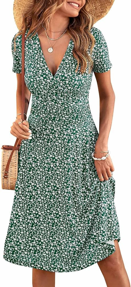 MSBASIC Summer Dresses for Women 2024 Short Sleeve V Neck Wrap Dress Casual Midi Sundresses | Amazon (US)