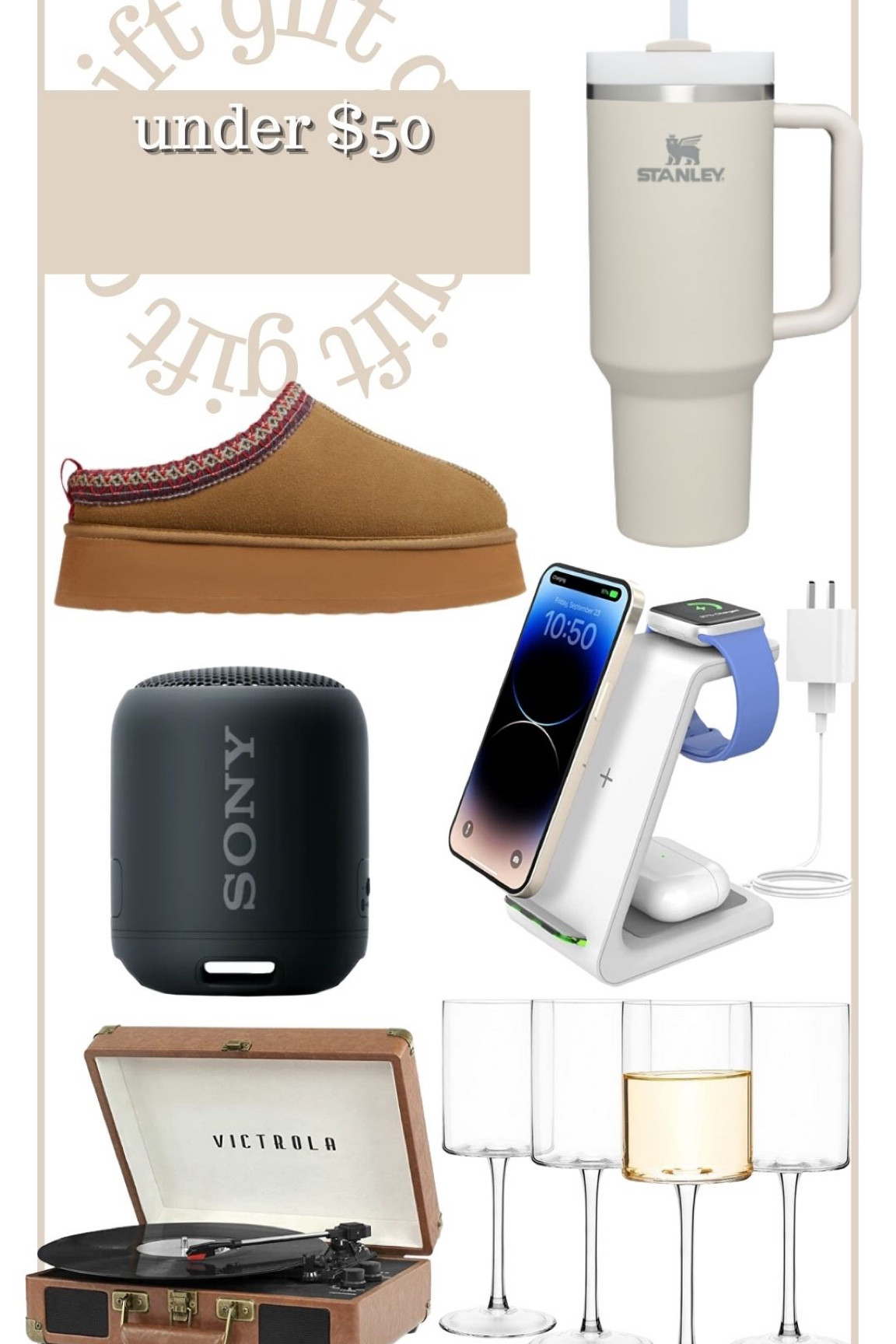 Gift ideas under $50
Ugg slipper dupes 
Stanley cup 
iPhone charging station 
Sony Bluetooth speaker 
Wine glass set 
Vintage record player 

#LTKGiftGuide #LTKHoliday #LTKSeasonal