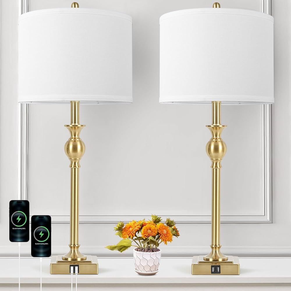 TOBUSA 28” Gold Table Lamps Set of 2, Tall Bedside Lamps with Dual USB Charging Ports, Modern N... | Amazon (US)
