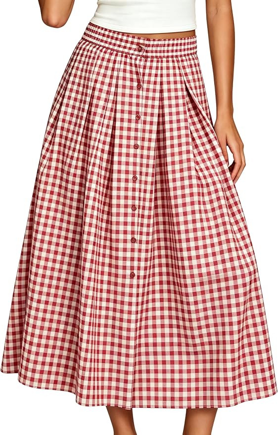 Esmeling Women Gingham Skirt A-Line Pleated Midi Skirt | Amazon (US)