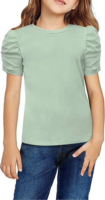 Arshiner Girls Puff Short Sleeve Shirts Summer Ribbed Knit Crewneck Top Tee | Amazon (US)
