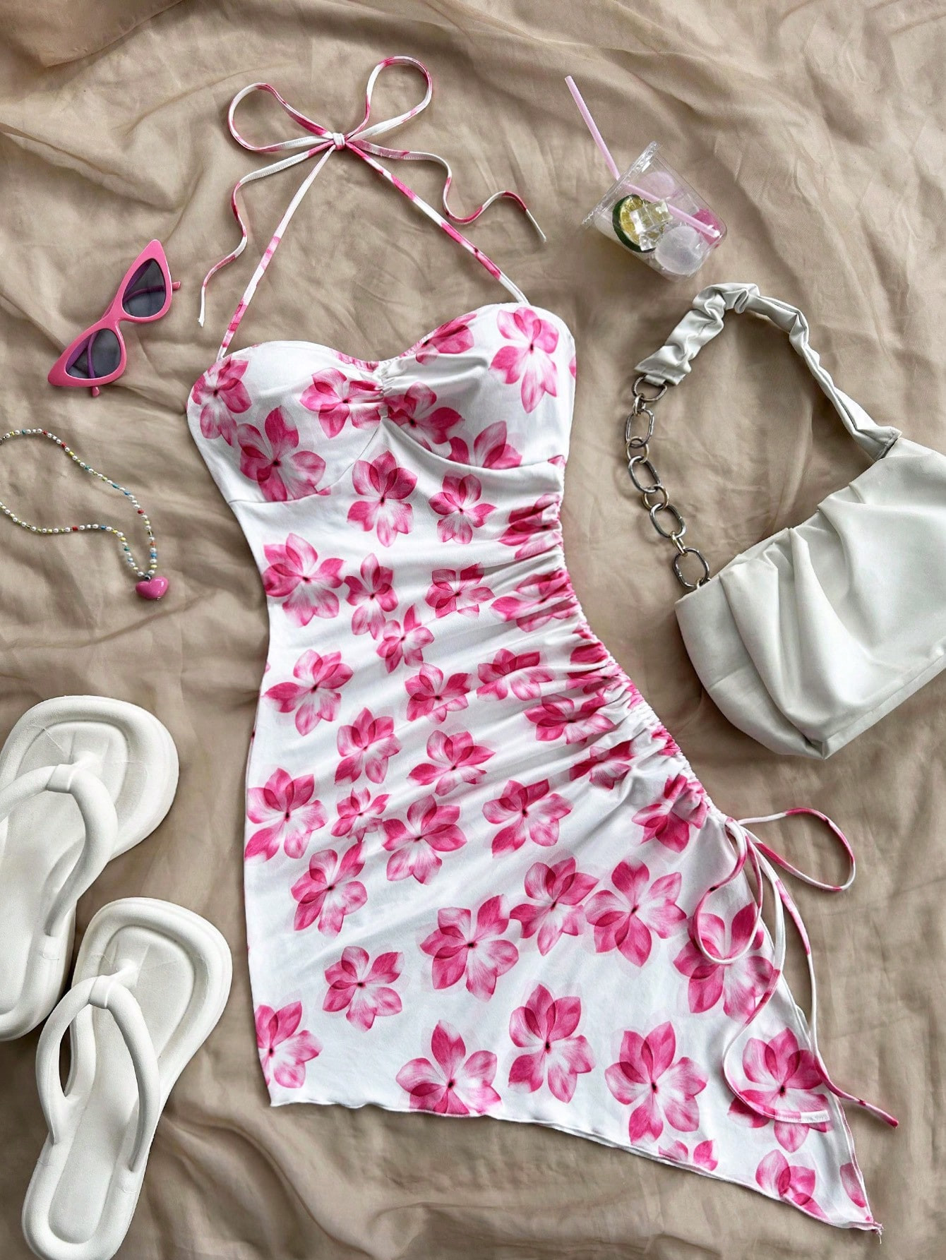 SHEIN WYWH Women's Summer Floral Print Asymmetric Hem Halter Neck Tie Front Bodycon Midi Dress, R... | SHEIN