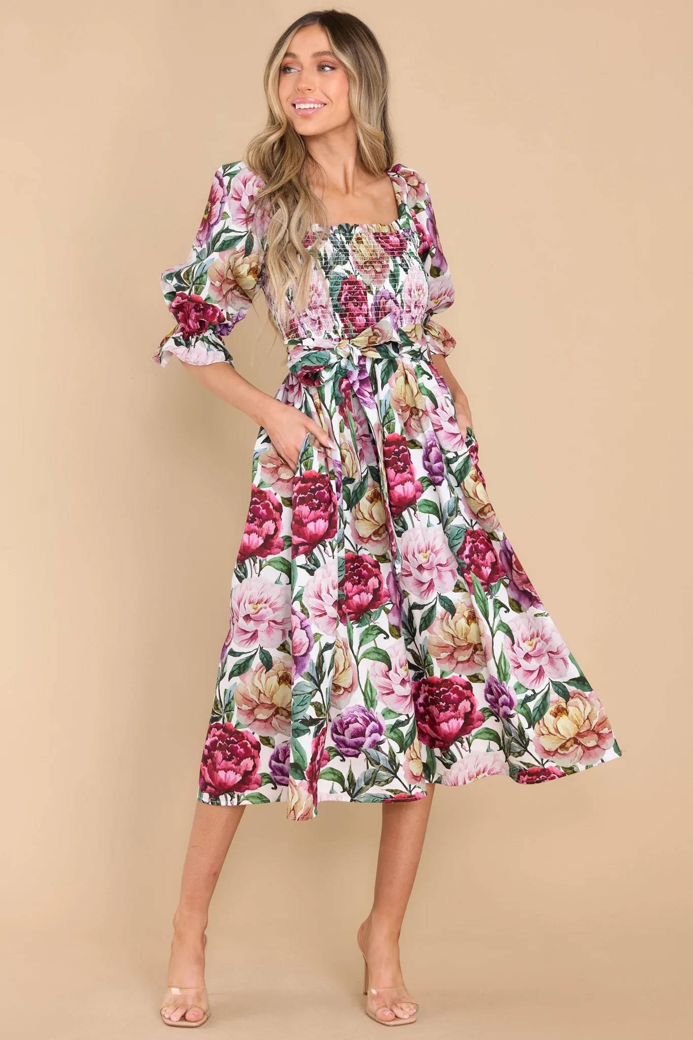 Blossom Babe Ivory Floral Print Midi Dress | Red Dress 