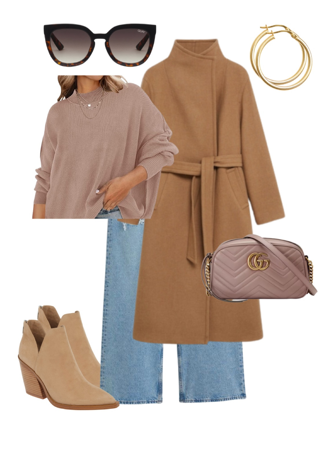 Neutral outfit with coat and booties and jeans Amazon free people lookalike sweater winter date night look 