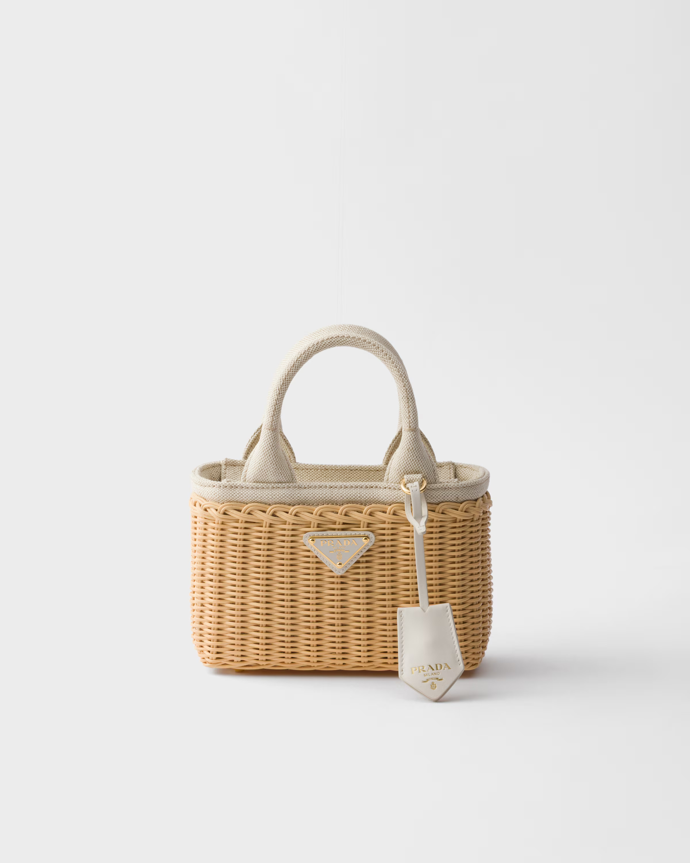 Mini wicker and linen blend tote bag | Prada US