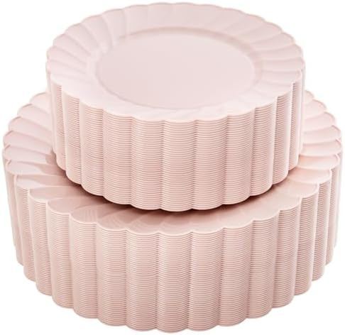 YOUBET 100PCS Pink Scalloped Plastic Plates - Heavy Duty Pink Disposable Fancy Hard Plates Includ... | Amazon (US)
