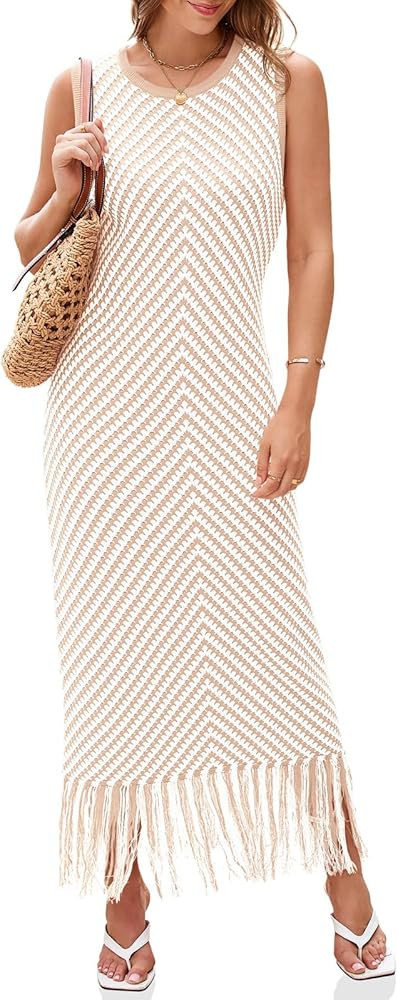 Wenrine Womens Summer Crochet Knit Dress Casual Striped Tassel Sleeveless Boho Maxi Dresses | Amazon (US)