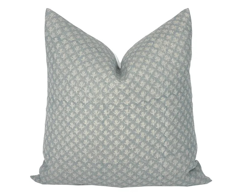 MEADOW | Designer Soft Grey Blue Linen Pillow Cover, Block Print Pillow, Farmhouse Pillow, Neutra... | Etsy (US)