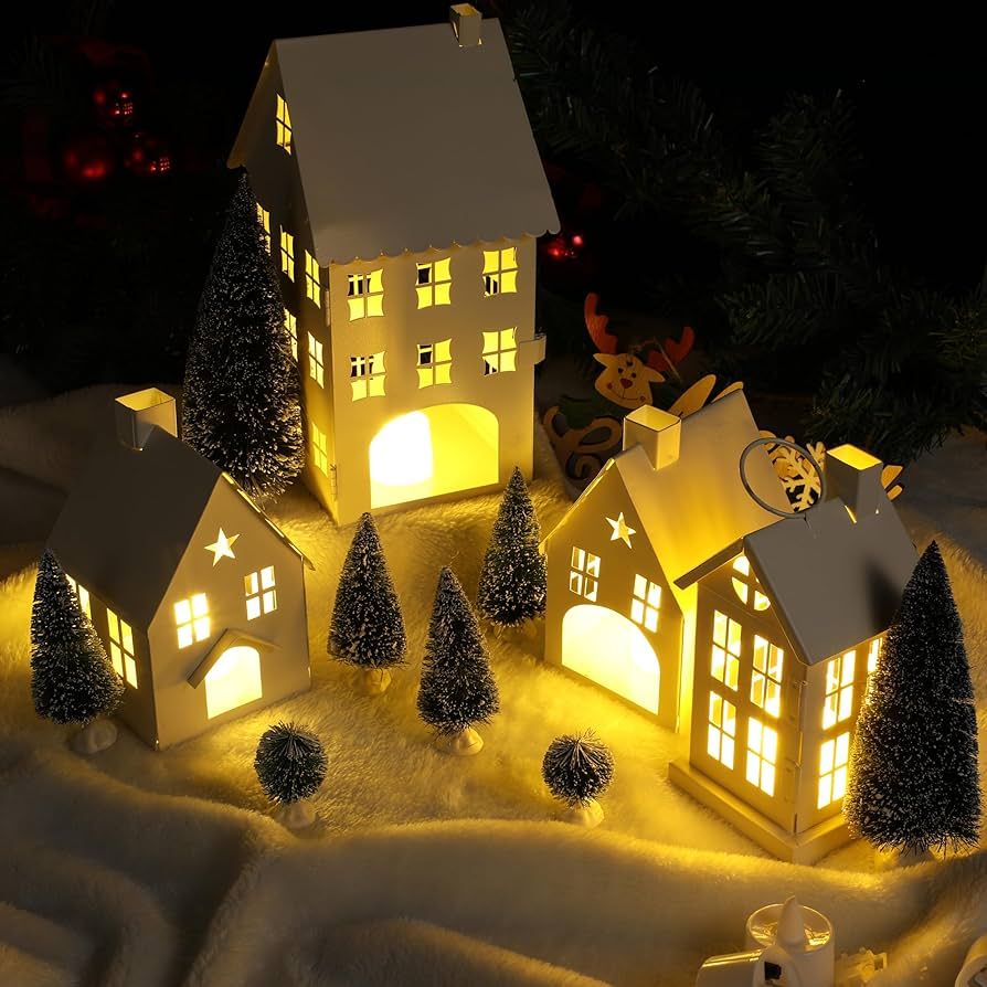 Geetery 17 Pcs LED Christmas Village Set 4 Pcs DIY Farmhouse Tin House with 4 Pcs LED Candle 9 Pc... | Amazon (US)