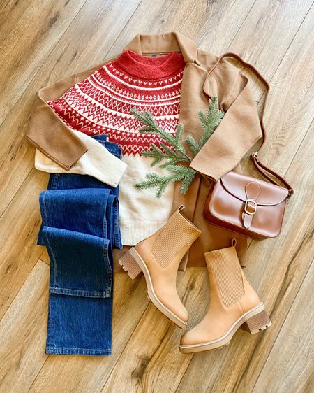 Christmas outfit. Fair isle sweater. Brown boots. Jeans. Coat. 

#LTKHoliday #LTKGiftGuide #LTKSeasonal