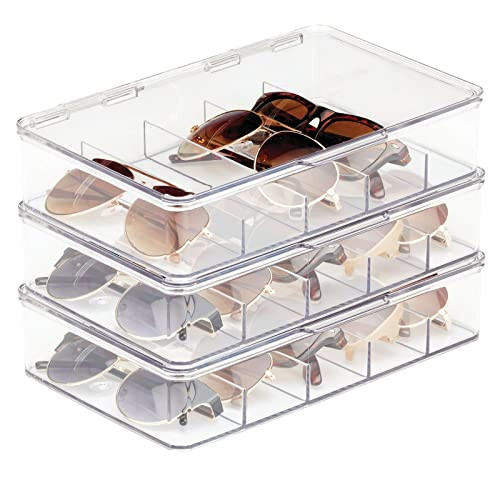 mDesign Plastic Stackable Eyeglass Case Storage Organizer with Hinged Lid for Unisex Sunglasses, Reading Glasses, Fashion Eye Wear, Protective Glasses, 5 Sections, Ligne Collection - 3 Pack - Clear | Amazon (US)