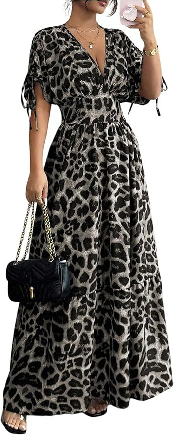 OYOANGLE Women's Leopard Print V Neck Short Sleeve Maxi Dress Cinched Waist Flowy Cheetah Dresses | Amazon (US)