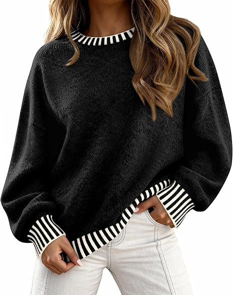 KIRUNDO Oversized Sweaters for Women 2026 Long Sleeve Crewneck Fall Tops Contrast Chunky Knit Pul... | Amazon (US)