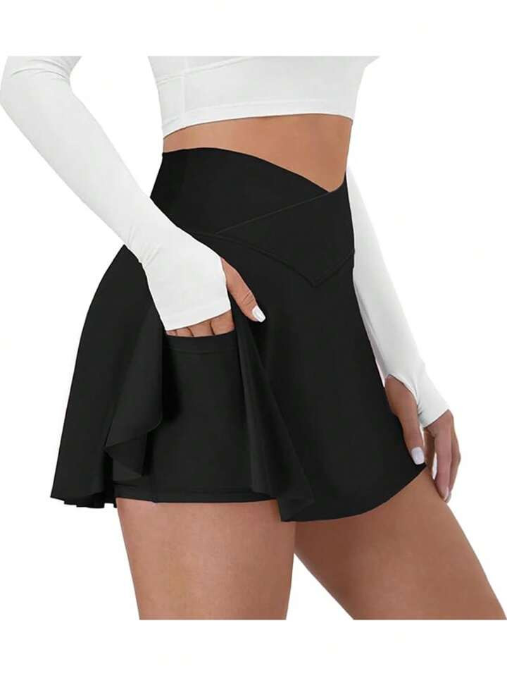 Women's Outdoor Exercise Sports Cross High Waist Skirt, Slimming, With Pockets, Looks Like Shorts, Spring/Summer | SHEIN