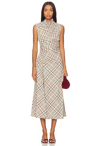 SIMKHAI Burke Draped Midi Dress in Sand Plaid from Revolve.com | Revolve Clothing (Global)