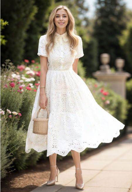 Crochet Collar Embroidered Eyelet Cotton Dress | Chicwish
