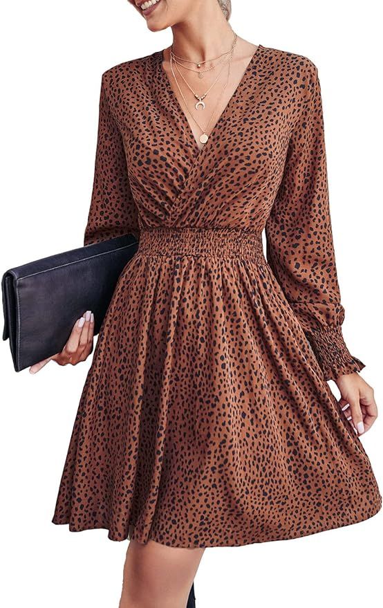 PRETTYGARDEN Women's Leopard Mini Dress Long Sleeve V Neck Elastic High Waist Chiffon Swing A-Lin... | Amazon (US)