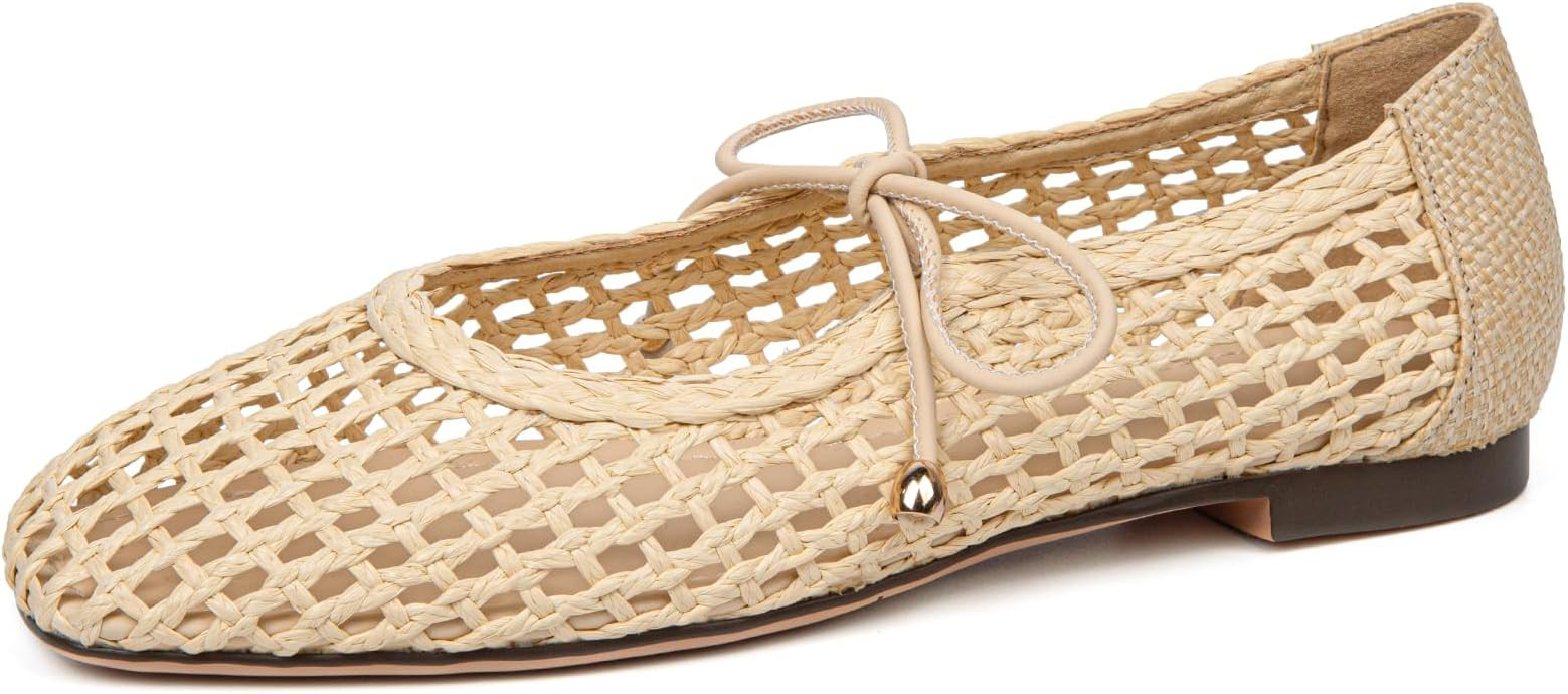 Women's Woven Ballet Flats Mesh Square Toe Mary Jane Flats Lace up Ballerina Slip on Casual Shoes | Amazon (US)