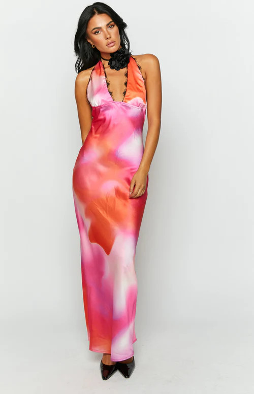 Valletta Pink Print Halter Neck Maxi Dress | Beginning Boutique (AU)