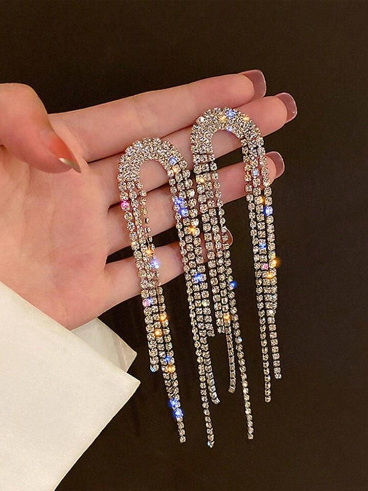 1pair Glamorous Zinc Alloy Rhinestone Tassel Drop Earrings For Women For Party | SHEIN