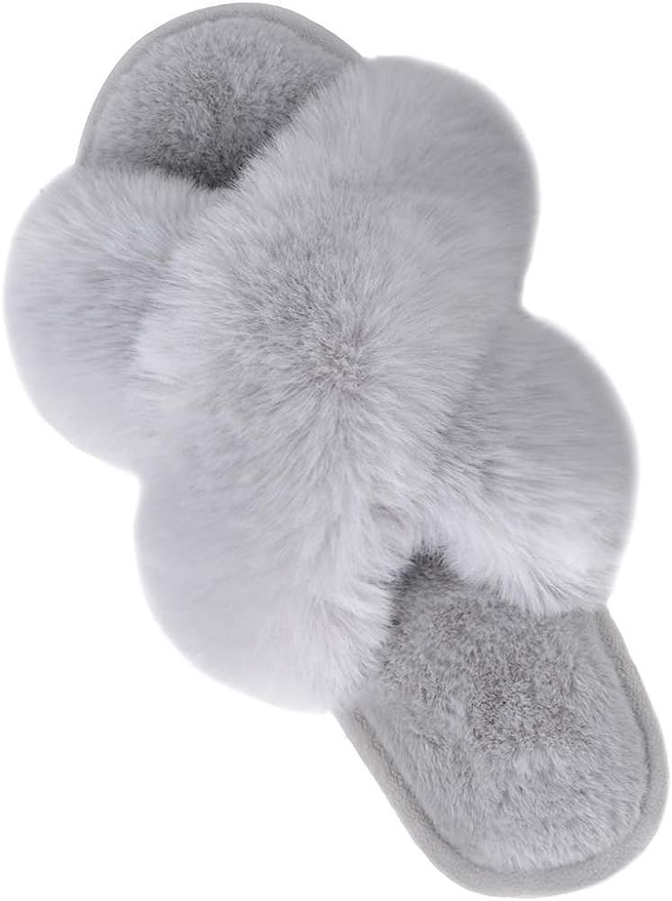 Women's Cross Band Slippers Soft Plush Furry Cozy Open Toe House Shoes Indoor Outdoor Faux Rabbit... | Amazon (US)