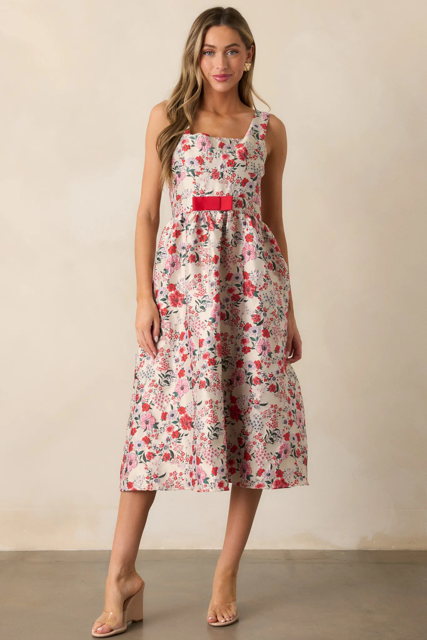 Sunlit Mornings Red Floral Jacquard Midi Dress | Red Dress
