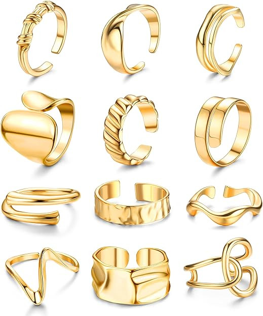 FIBO STEEL 12Pcs Chunky Rings for Women - 18K Gold Plated Thick Rings Stacking Open Rings Set Adj... | Amazon (US)
