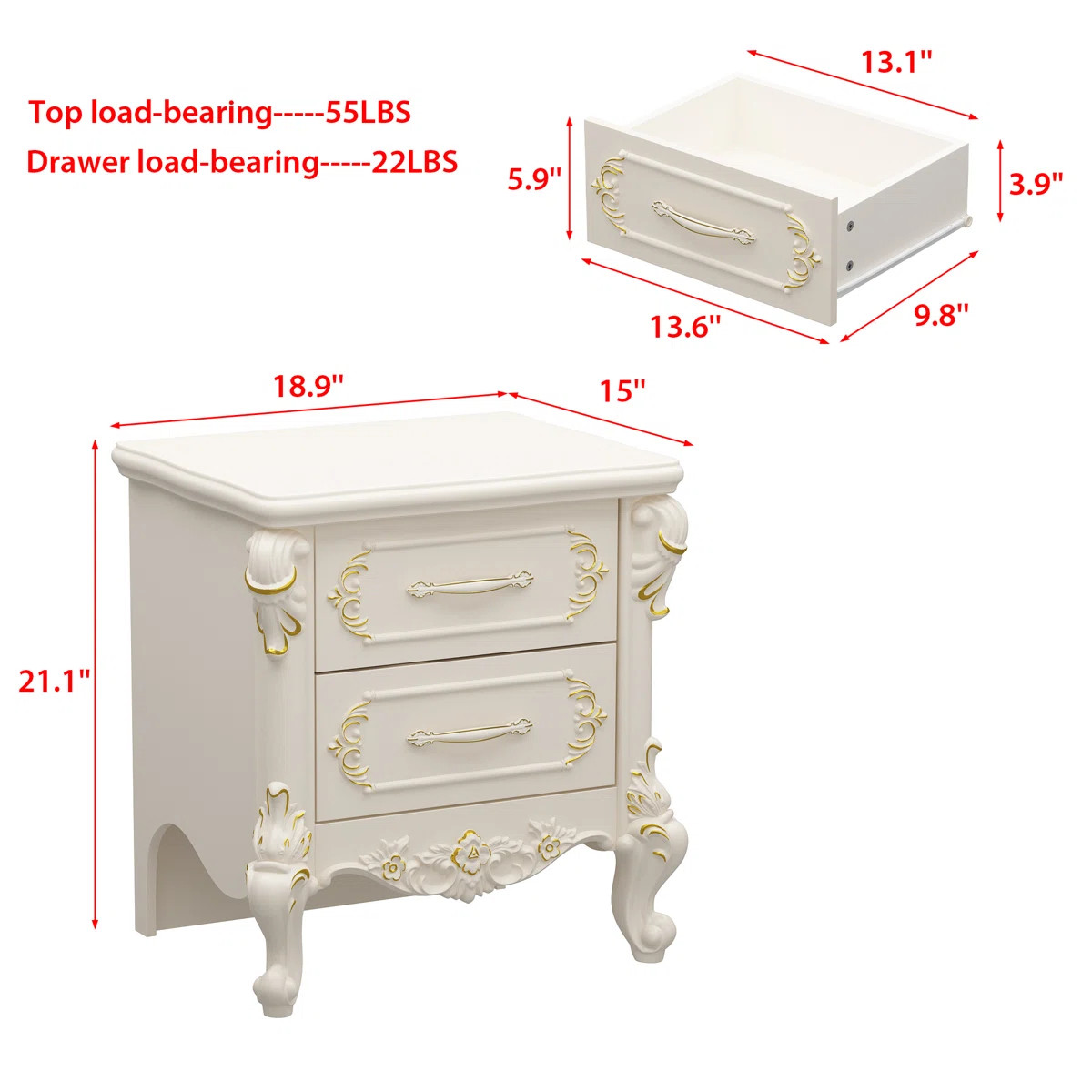 2 PC Elegant White Nightstand With Two Drawers And Gold Accents | Wayfair North America