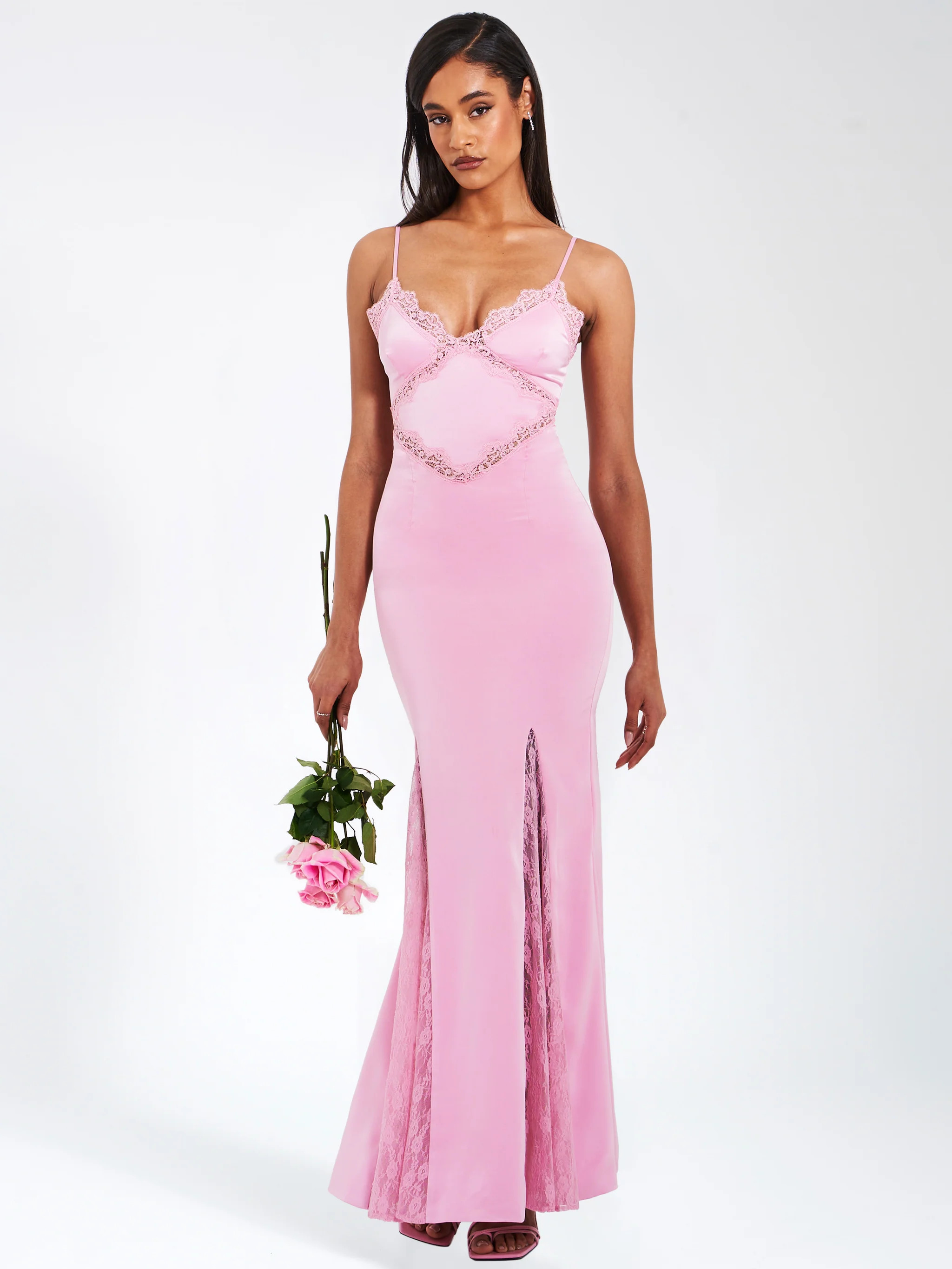 Xandria Pink Lace Satin Mermaid Flare Maxi Dress | Miss Circle