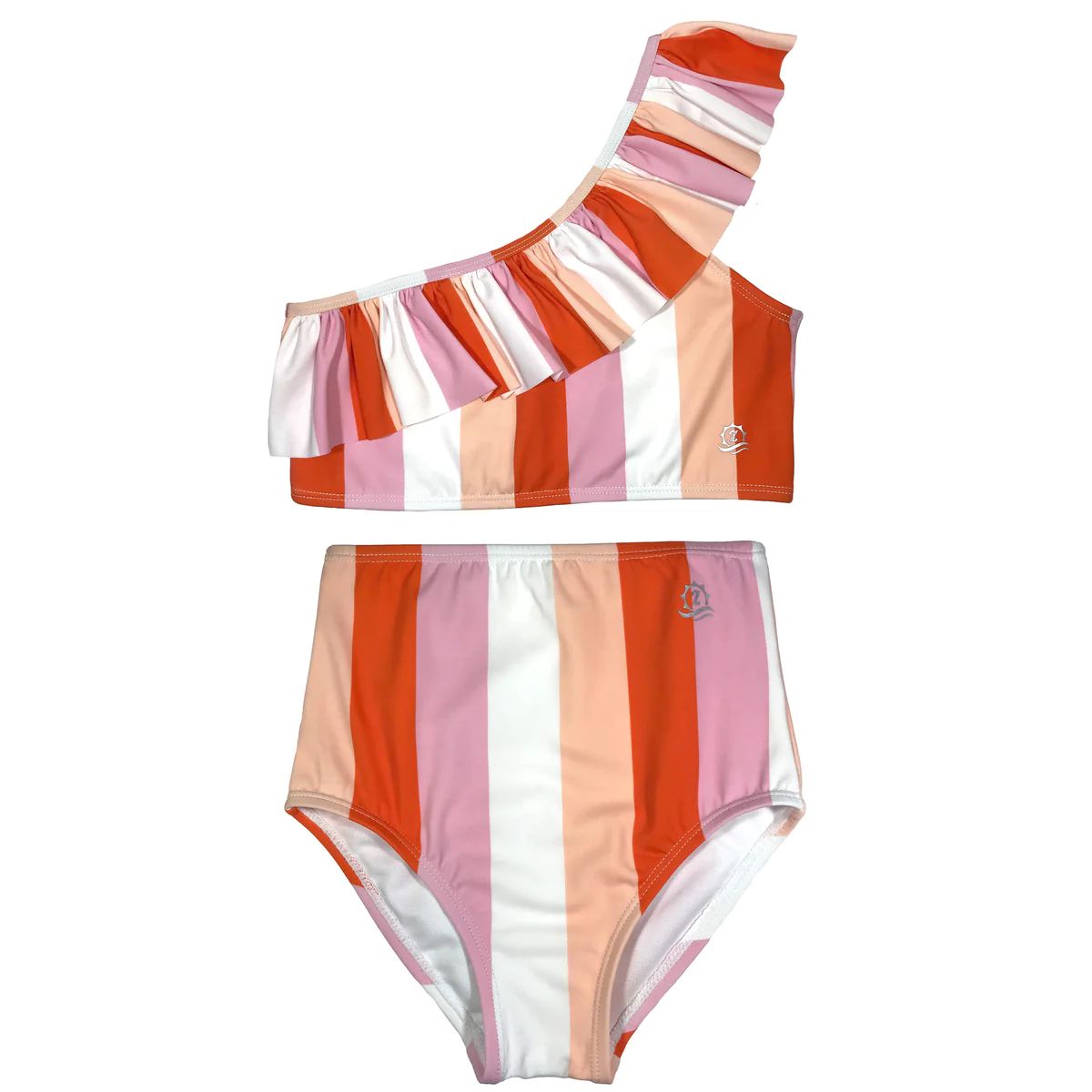 Little Girl One-Shoulder + High Waist Bottom Swimsuit (2 Piece) - "Peachy Stripes" | SwimZip