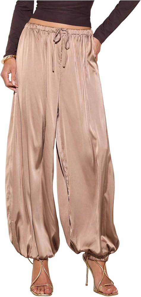 Verdusa Women's Wide Leg Satin Pants Pleated Joggers Elegant Lantern Pants | Amazon (US)